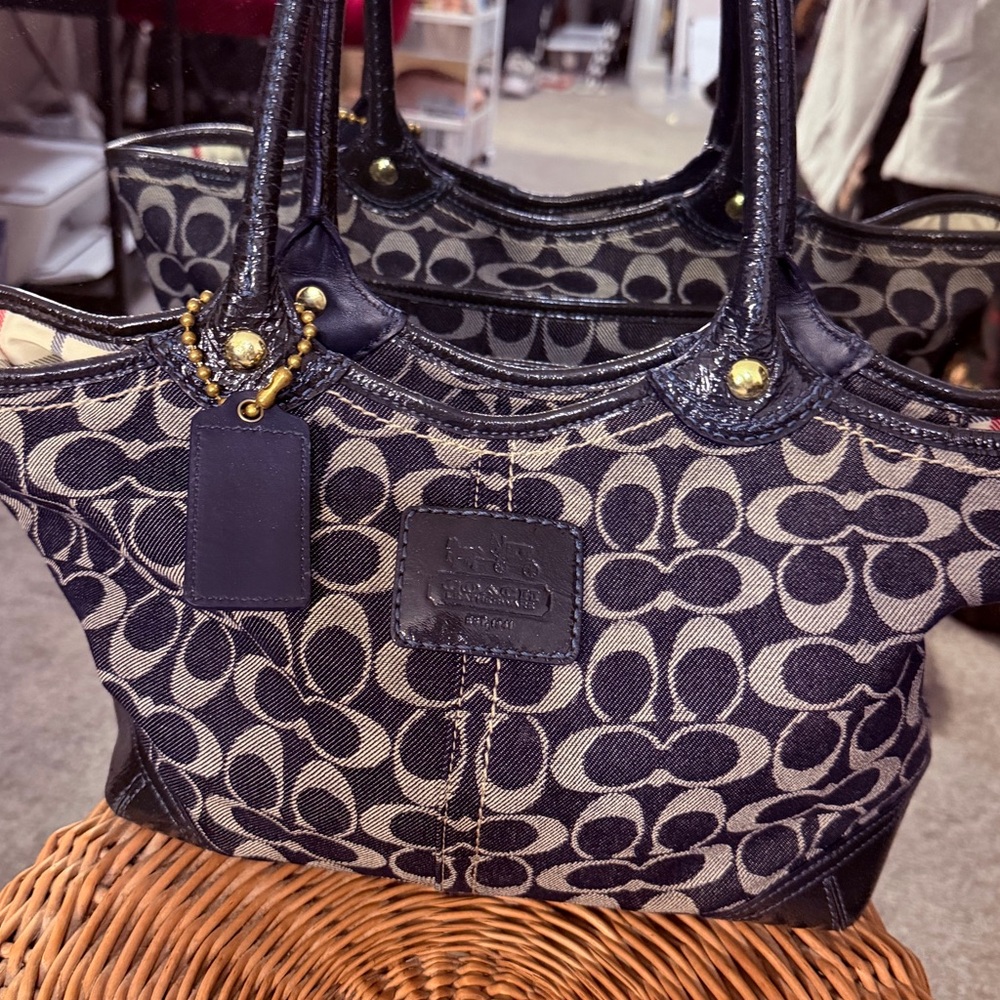 Coach Bleecker Signature Canvas Jacquard Tote Bag Navy Leather Trim Vintage Y2K